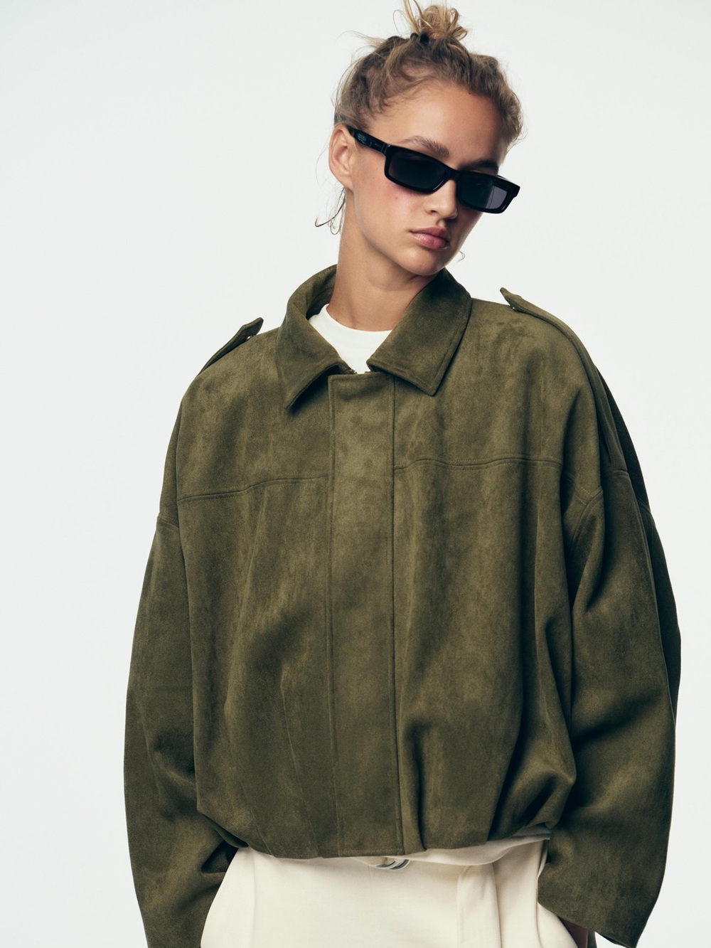 ZARA - WOMAN FAUX SUEDE BOMBER JACKET MID-KHAKI GREEN - COLOR: MID KHAKI